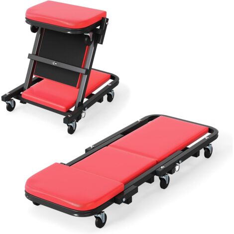 GOPLUS Chariot d'Atelier en Forme de Z, Plateau d'Atelier Pliable 2 en 1, Planche de Montage Roulante avec Siège Rembourré et 6 Roues, Fonction Assise et Couchée, pour Réparation Automobile (Rouge)