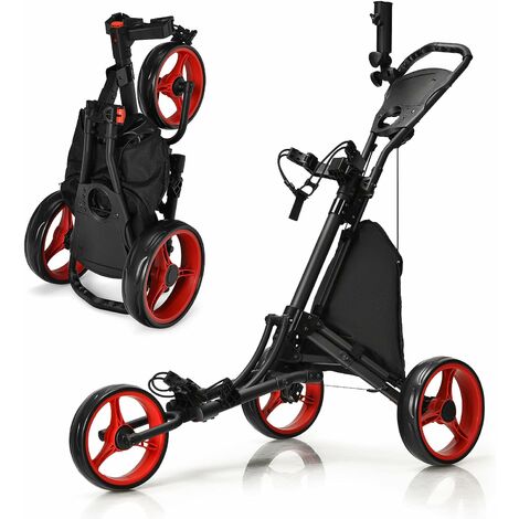 GOPLUS Chariot de golf pliable a 3 roues, 4 positions de hauteur reglables, chariot de golf en aluminium avec porte-ombrelle reglable, sac etanche, glaciere integree, frein a pied, ouverture et fermet