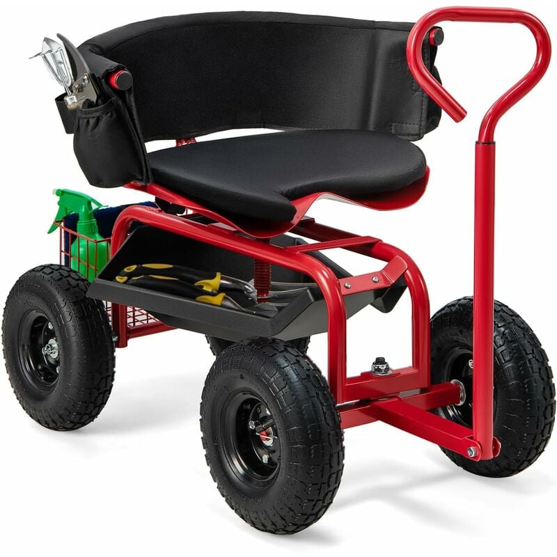Chariot de Jardin à Roulettes avec Siège Pivotant, Poignée Extensible, Panier, Hauteur Réglable, Charge 150 kg, Rouge&Noir - Goplus