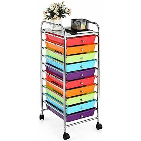 GOPLUS Chariot de Rangement 10 Tiroirs à roulettes, Tour de Rangement à roulettes, Tiroirs en Plastique&Cadre en Acier, pour Chambre, Bureau, 37x33x86CM(Arc en Ciel)