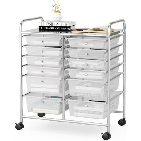 GOPLUS Chariot de Rangement 12 Tiroirs, 64 x 38 x 75 CM, Tour de Rangement à roulettes, Cadre en Acier, pour Chambre, Transparent