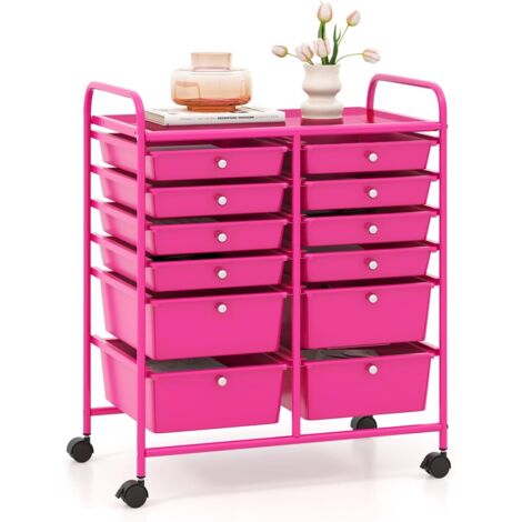 GOPLUS Chariot de Rangement 12 Tiroirs, Tour de Rangement à roulettes, Cadre en Acier, pour Chambre, Bureau, 64 x 38 x 75 CM (Rose) (Rose)