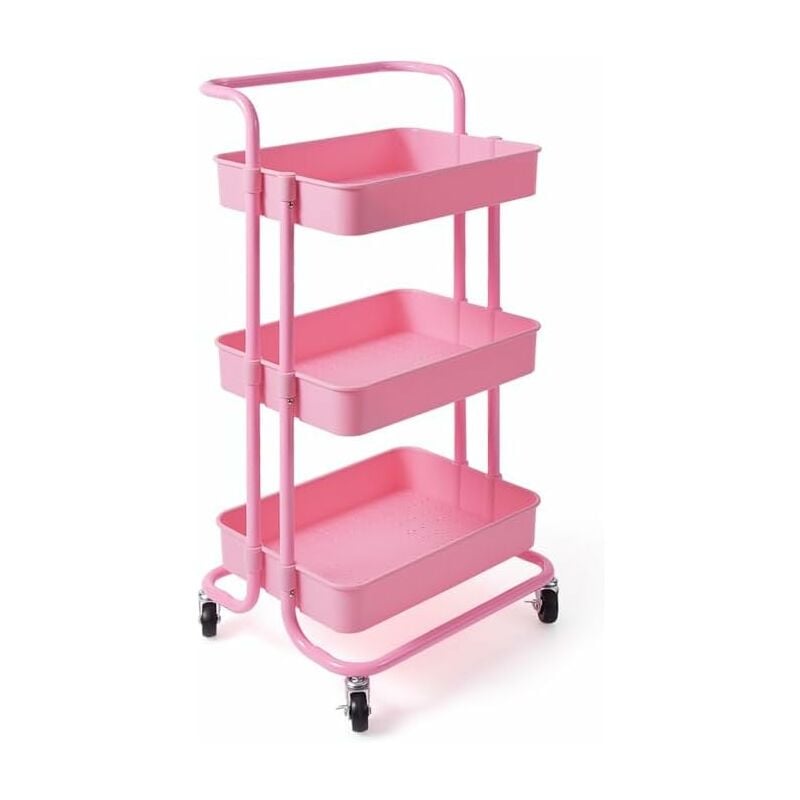 Chariot de Rangement avec 3 Paniers Ciselés,4 Roulettes Universelles 2 avec Frein,Charge 20KG par Panier,42x35x87CM,Rose - Goplus
