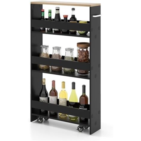 Goplus – Chariot de rangement de cuisine 4 niveaux – Dimensions 47,5x20x80,5cm – 4 roulettes 360° – Construction en panneau de particules noir