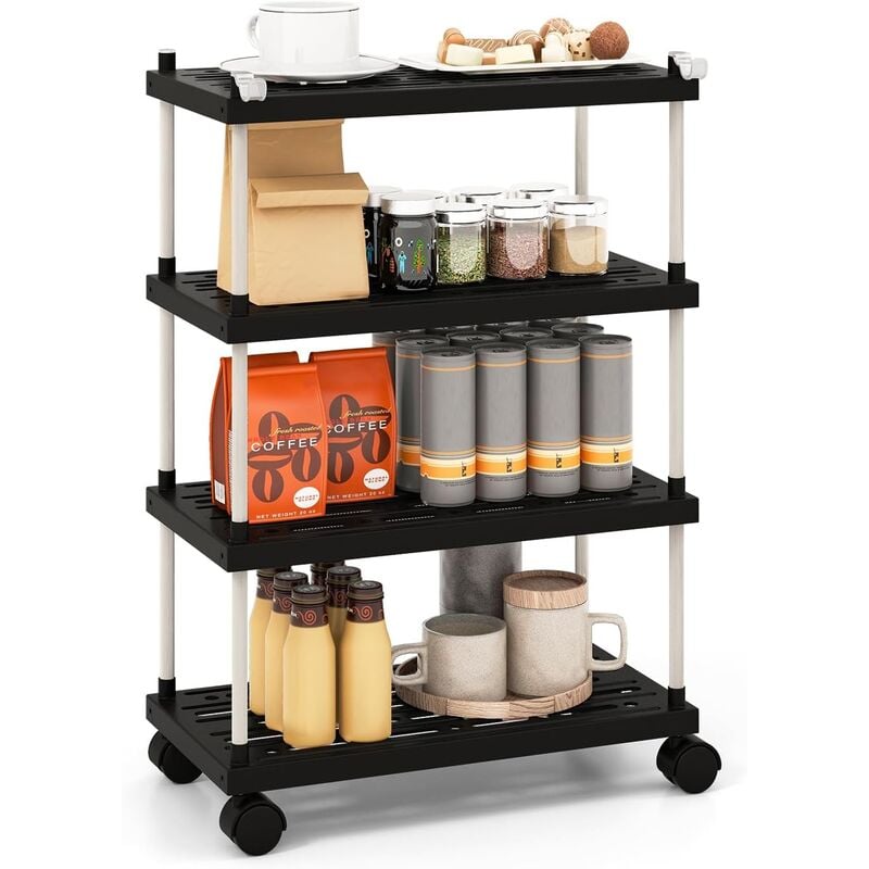 Goplus - tagère Etroite Roulant 4 Niveaux 40x21x59,5cm-Roues Verrouillables-Étagères Ouvertes/Crochets Latéraux pour Cuisine