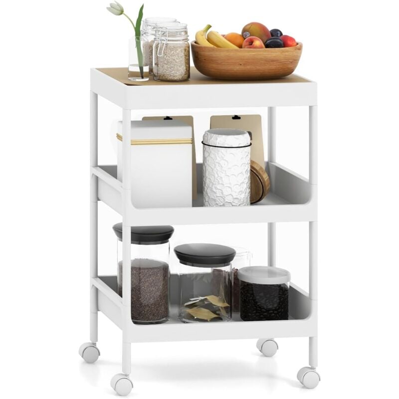 Chariot de Service à 3 Niveaux avec Plateau Amovible-40 x 26 x 61 cm-Chariot de Cuisine avec Roulettes,Blanc - Goplus