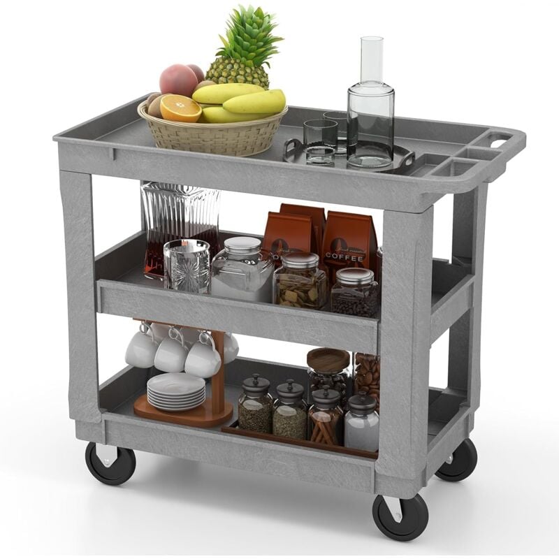 Desserte de Service à 3 Niveaux Charge 250kg-Chariot à Roulettes en pp avec 2 Roues Universelles-Poignée Ergonomique - Goplus