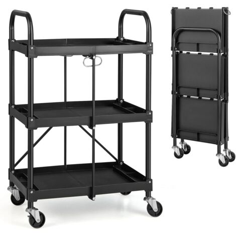 Goplus – Chariot de service pliable 3 niveaux – 4 roues universelles avec freins – Cadre métal antirouille – Dimensions 61x44x96cm
