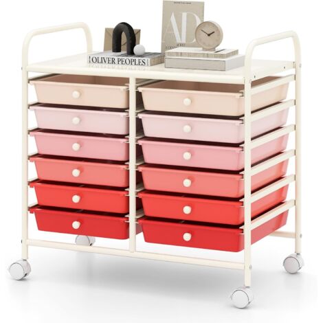 GOPLUS Chariot Rangement avec 12 Tiroirs Amovibles PP,Chariot à roulettes avec Roues Bloquantes et Poignées, Cadre en Métal pour Salon, Cuisine, Max. 10KGx6, 62,5 x 37 x 62,5CM (Rouge Dégradé)