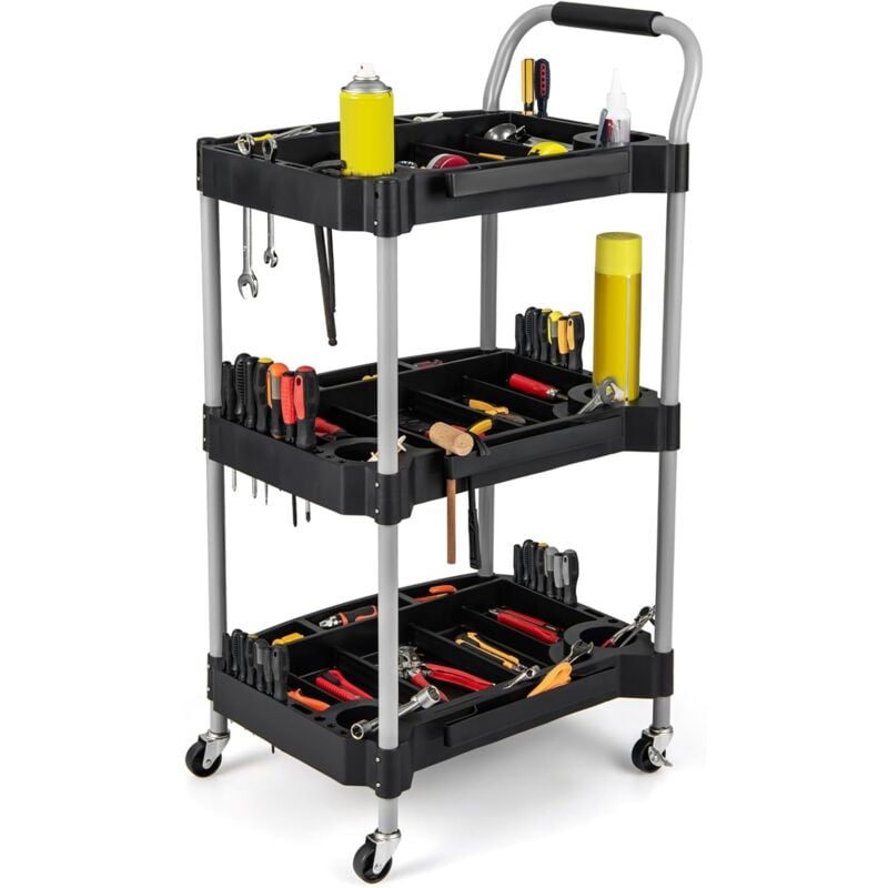 Goplus - Chariot Service d'Atelier, Chariot d'Outils à 3 Niveaux avec Porte-Bouteilles et Porte-Outils Moulés, Poignée Ergonomique & Roues