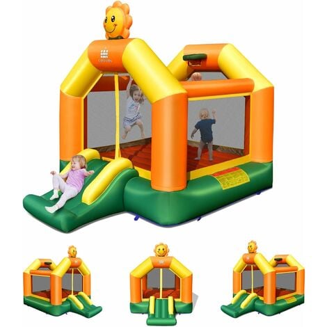 GOPLUS Château Gonflable 3 en 1 avec Toboggan pour 1-3 Enfants de 3 a 10 Ans, Aire de Jeux Gonflable Trampoline, Design Pliable, Kits de Reparation, Charge Max 135KG (Soleil sans souffleur)