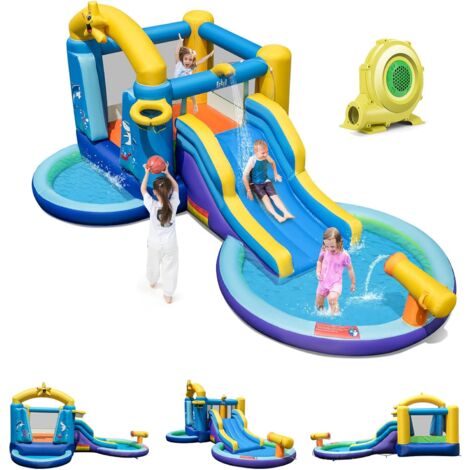 Goplus – Château gonflable aquatique 490x290x220cm – Souffleur 680W – Toboggan, trampoline, panier de basket – Pour 2 enfants jusqu'à 90kg