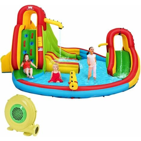 GOPLUS Château Gonflable Aquatique Exterieur, Château Gonflable pour Enfants en, Toboggan Aire de Jeux Gonflable avec Piscine,Mur d’Escalade,Pistolet d’Eau, 420x420x233cm (avec Souffleur 680W)