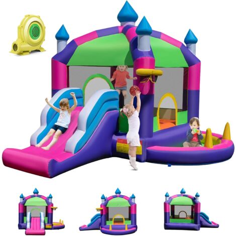 GOPLUS Château Gonflable avec gonfleur de 680 W, Toboggans, Zone de Saut,Piscine à Balles, Panier de Basket, Sac pour 3 Enfants de 3 -10 Ans Jusqu’à 135KG Forme Base-Ball (Base+Souffleur 680w)