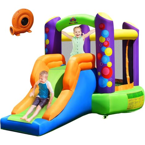 GOPLUS Château Gonflable avec Toboggan, Piquets d’Ancrage au Sol, Kit de Reparation, Aire de Jeu Gonflable avec Sac de Rangement pour 2 Enfants 3-10 Ans Jusqu’a 90KG (avec Souffleur 400-450W)