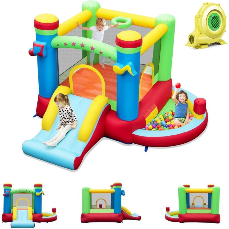 Goplus - Château Gonflable Exterieur Enfant avec Toboggan, Panier de Basket, Jeux de Lancer d'Anneaux,Thème Musique, pour 2 Enfants de 3-12