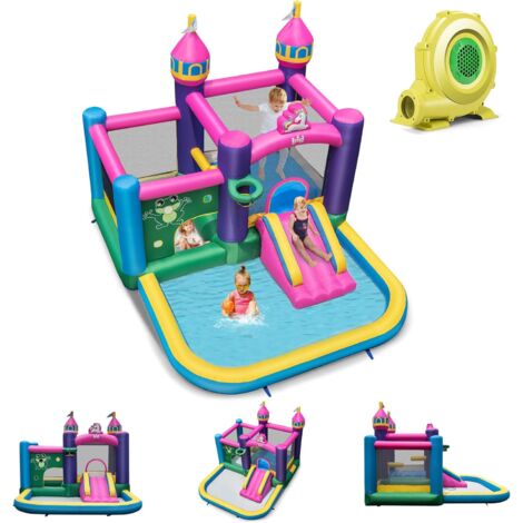 GOPLUS Château Gonflable Licorne Grenouille, Aire de Jeux Aquatique Gonflable avec Zone de Saut, Toboggan Piscine Panier Basket pour Les Enfants de 3 a 10 Ans, Jusqu’a 135KG (avec Souffleur 680W)