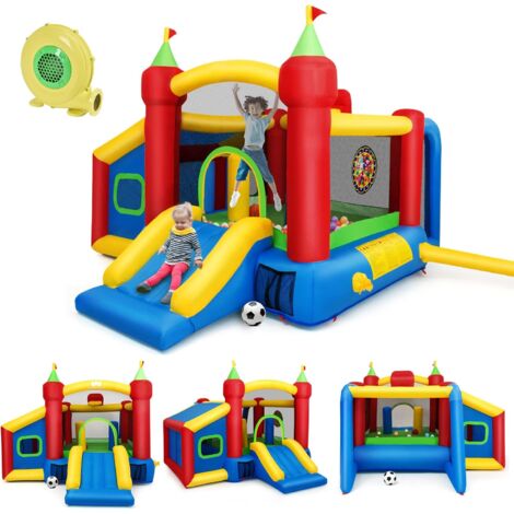 GOPLUS Château Gonflable pour Enfant de 3 a 10 Ans,avec 6 Types de Jeu Differents en Tissu Oxford, 6 Piquets de Fixation et Un Sac de Transportation, 380 x 305 x 215CM (avec Souffleur 450W)