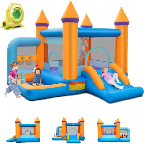 GOPLUS Château Gonflable pour Enfants, Aire de Jeux Gonflable avec Souffleur 680W,Toboggan, Piscine, Espace de Saut, Panier de Basket (Orange, avec Souffleur 680W)
