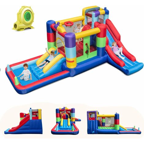 GOPLUS Château Gonflable pour Enfants, Aire de Jeux Gonflable avec Souffleur 680W,Toboggan, Piscine, Espace de Saut, Panier de Basket (Puzzle, avec Souffleur 680W)