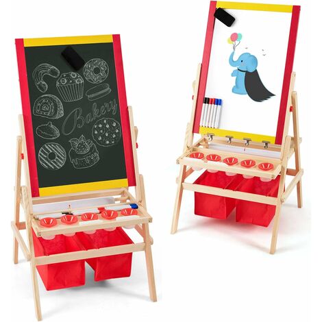 GOPLUS Chevalet Multifonctionnel avec Double Face, Tableau Noir et Blanc Magnetique en Bois avec Boîte de Rangement et Accessoires Educatif a Apprendre Les Mots et a Dessiner pour Enfants