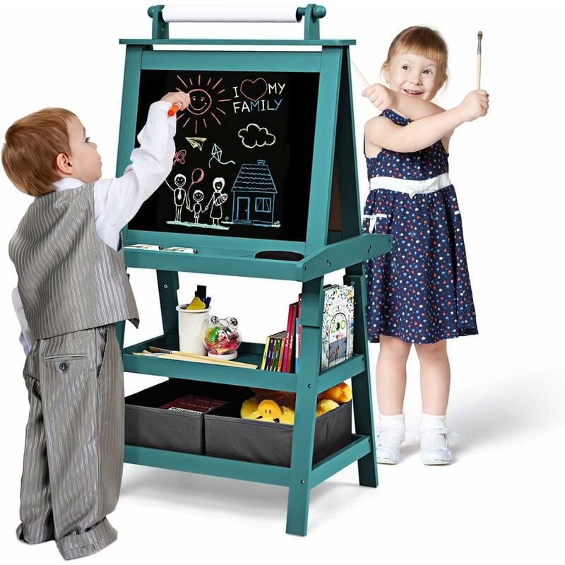 Chevalet pour Enfants Double Faces Noir et Blanc, Tableau de Dessin Magnetique avec Rouleau de Papier Boîtes de Rangement, Tableau de Peinture