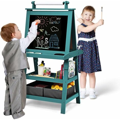 GOPLUS Chevalet pour Enfants Double Faces Noir et Blanc, Tableau de Dessin Magn��tique avec Rouleau de Papier Bo?tes de Rangement, Tableau de Peinture Multifonction Accessoires Complets (Bleu)