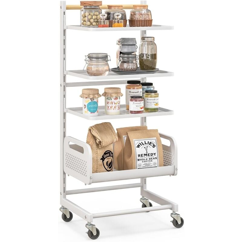 Goplus - Chriot à roulettes à 4 Niveaux, Desserte de Cuisine en Métal, 20 Positions Étagères Réglables, Panier en Maille, avec roulettes
