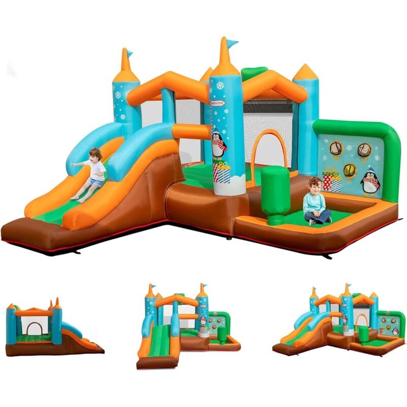 Goplus - Château Gonflable 6 en 1 pour Enfants avec Toboggan, Trampoline Jeu Boxe, Aire de Jeux Gonflable Pingouin pour 3 Enfants 3-12 Ans Jusqu'à