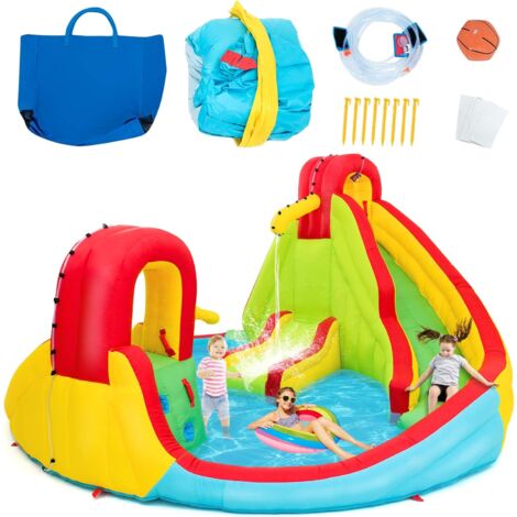 GOPLUS Ch?teau Gonflable Aquatique Ext��rieur, Ch?teau Gonflable pour Enfants en, Toboggan Aire de Jeux Gonflable avec Piscine,Mur d��Escalade,Pistolet d��Eau, 420x420x233cm (sans Souffleur)