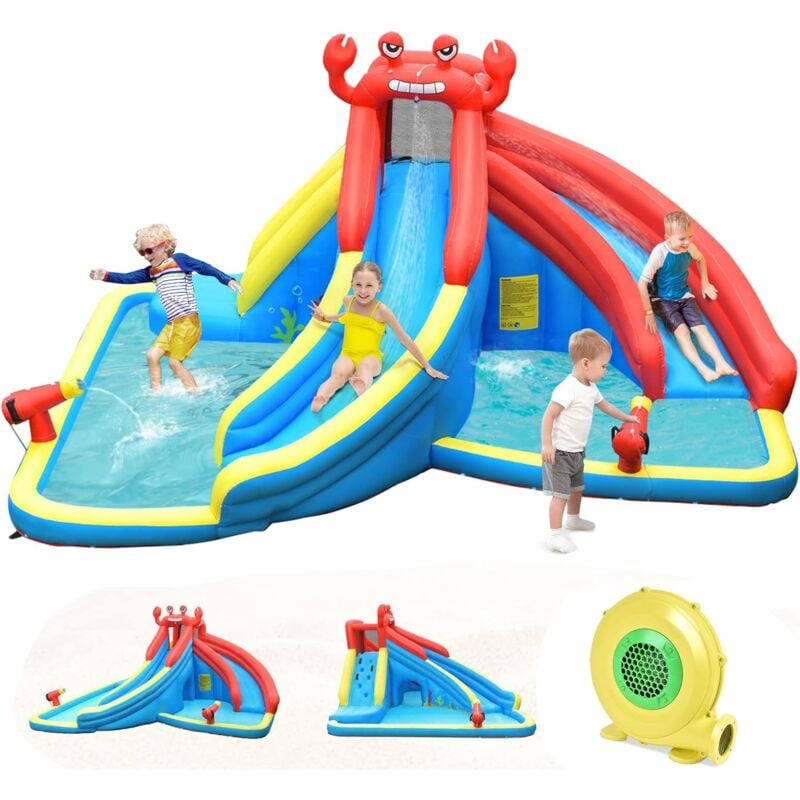 Château Gonflable Aquatique Forme Crabe avec Piscine,Pistolet d'Eau Toboggan Aquatique,Mur d'Escalade,Tunnel pour 5 Enfants 3-10 Ans,Charge 150KG 500