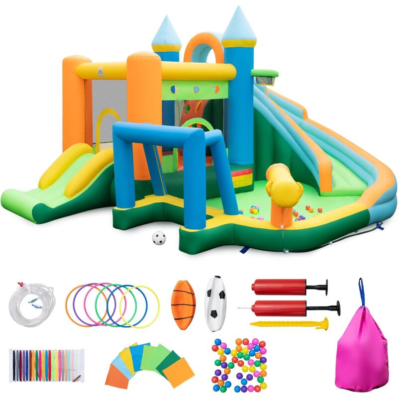 Goplus - goplua Château Gonflable, Aire de Jeux Enfants 3-10 Ans avec Piscine, Toboggans Doubles, Mur d'escalade, Canon à Eau, Basket-Ball, Football,
