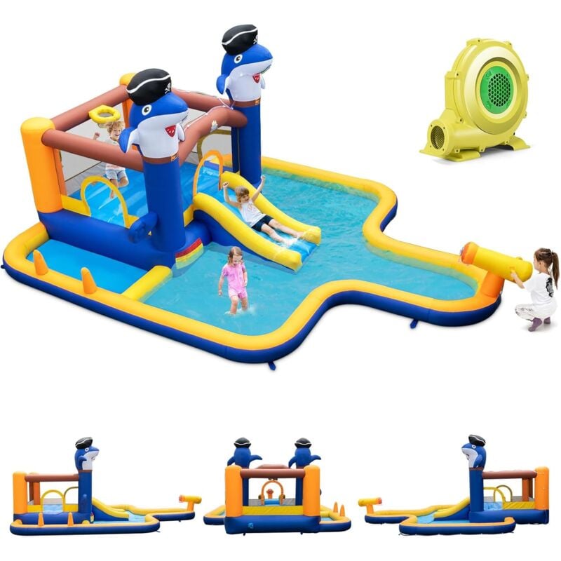 Goplus - 7 en 1 Château Gonflable Enfants 3-10 AnsAquatique avec Souffleur-Piscine/Toboggan/Jeu de Boxe/Canon à Eau-Charge 45+45KG