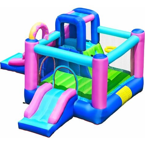 GOPLUS Ch?teau Gonflable en Forme de Donut avec Toboggan, Zone de Saut, Kit de R��paration, Aire de Jeu Gonflable Int��rieur et Ext��rieur avec Sac de Rangement,416x350x200cm (Souffleur Non-Inclus)