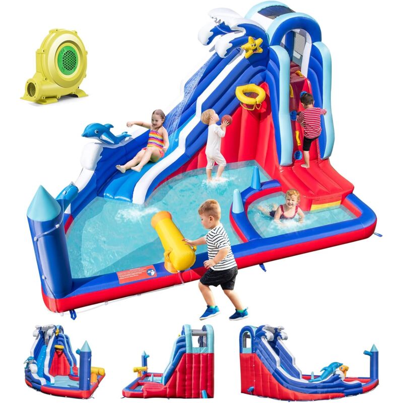 Goplus - Château Gonflable Géant Enfants 3-10 Ans avec Souffleur-Piscine/Mur d'Escalade/Canons à Eau-Charge 45+45KG Vague