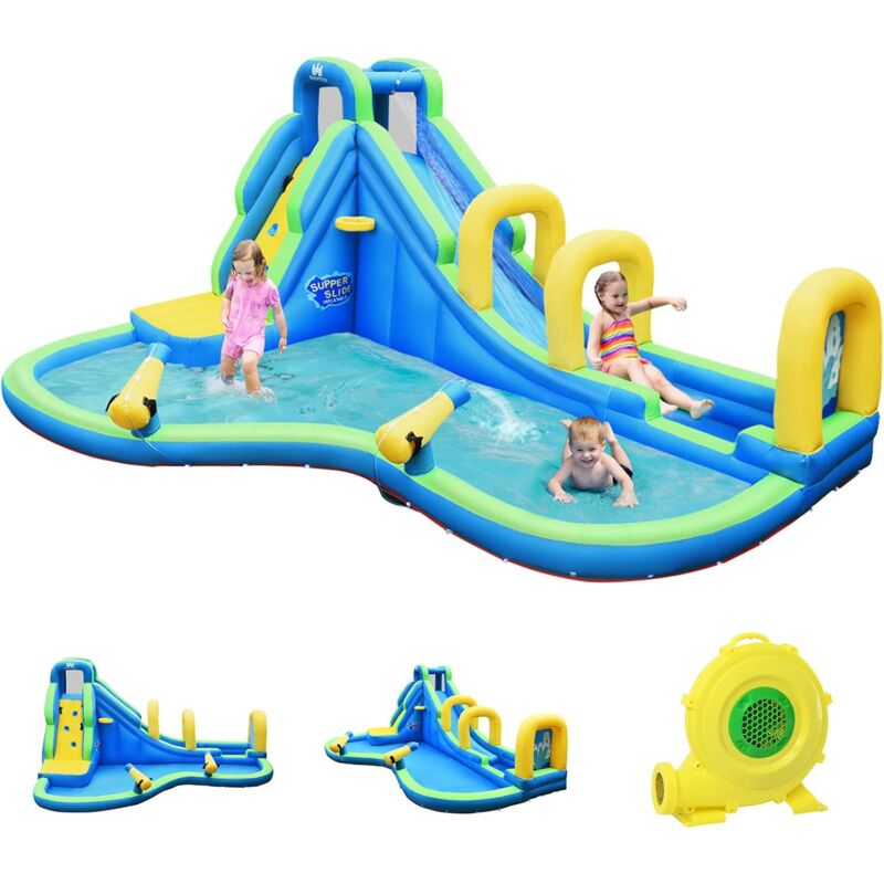 GOPLUS Château Gonflable en Tissu d’Oxford avec Toboggan et Pistolet a Eau,Aire de Jeux Aquatique avec Divertissements Multiples, Ideal pour Enfants
