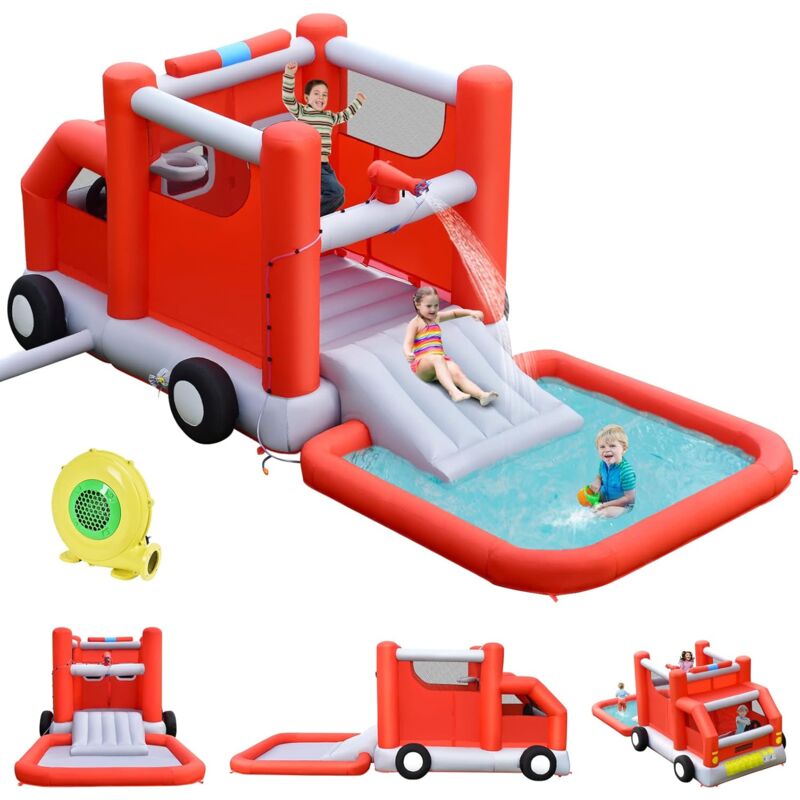 Goplus - Château Gonflable Forme Camion de Pompier Trampoline&Toboggan&Pistolets a Eau,Parc Aquatique Gonflable pour Jardin, Cour pour 3-4 Enfants