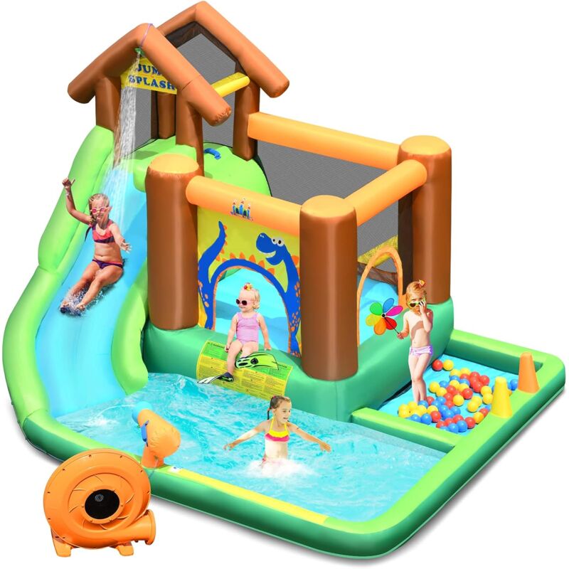 Goplus - Château Gonflable Motif Dinosaure,Toboggan Aire de Jeux Gonflable avec Zone de Saut,Piscine, Canon a Eau,Boules,pour Fete de l'eau d'Ete des