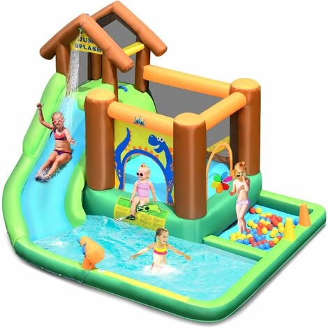 GOPLUS Ch?teau Gonflable Motif Dinosaure,Toboggan Aire de Jeux Gonflable avec Zone de Saut,Piscine, Canon �� Eau,Boules,pour F��te de l'eau d'Et�� des Enfants de 3-10 Ans Jusqu���� 135KG (sans Souffleur)