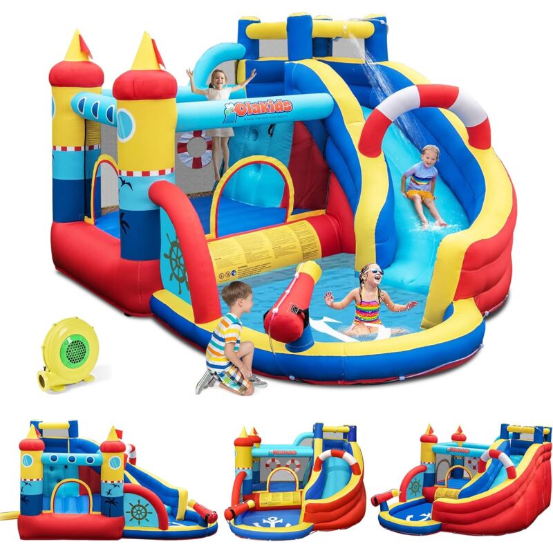 Goplus - Château Gonflable Pirate,avec Toboggan,Pistolet a Eau et Trampoline,Aire de Jeux Gonflable avec Piscine et Mur d'escalade,pour 3-4 Enfants