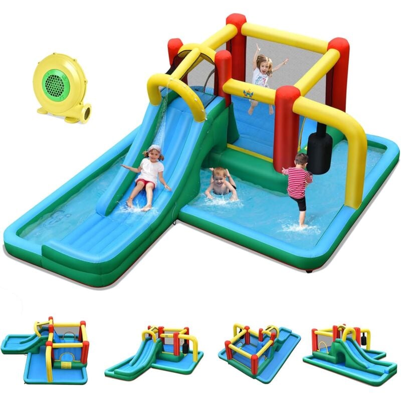 Goplus - 7 en 1 Château Gonflable, Aire de Jeux Gonflable avec Zone de Saut,Escalade,Piscine, Toboggan, Pistolet a Eau, pour Fete de l'eau d'Ete des