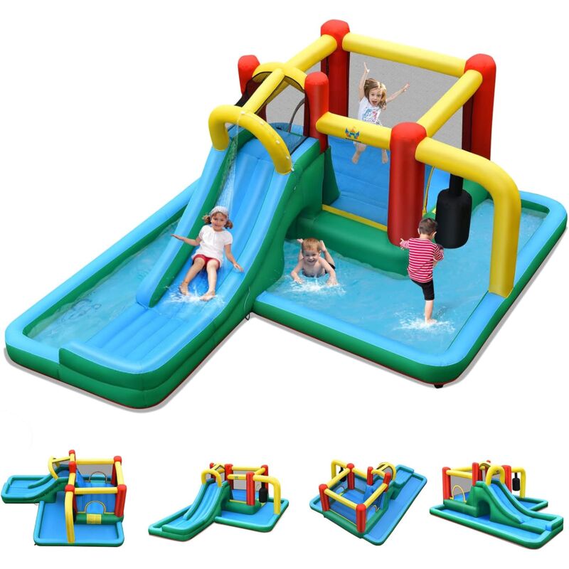 Goplus - 7 en 1 Château Gonflable, Aire de Jeux Gonflable avec Zone de Saut,Escalade,Piscine, Toboggan, Pistolet a Eau, pour Fete de l'eau d'Ete des
