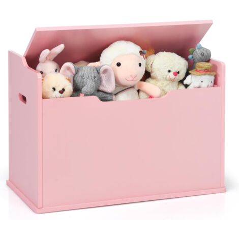 GOPLUS Coffre à Jouets 74x39x52CM à Couvercle Relevable avec Banc-2 Charnières de Sécurité-Poignées de Transport Intégrées,Rose