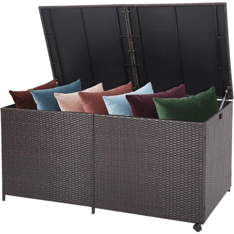 Goplus – Coffre de jardin en rotin PE 150x77x73cm – Capacité 662L – Doublure à glissière – 2 roues pour déplacement facile – Table basse avec couvercle