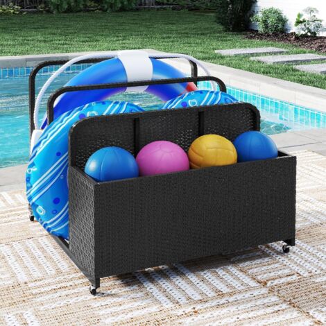 GOPLUS Coffre de Jardin Exterieur avec Portant Roues, Coffre Jardin Exterieur Mobile en Rotin PE avec et 2 Porte-Serviettes, Coussins, Flotteur Piscine, Outils de Jardin,Charge 30 KG (Noir)