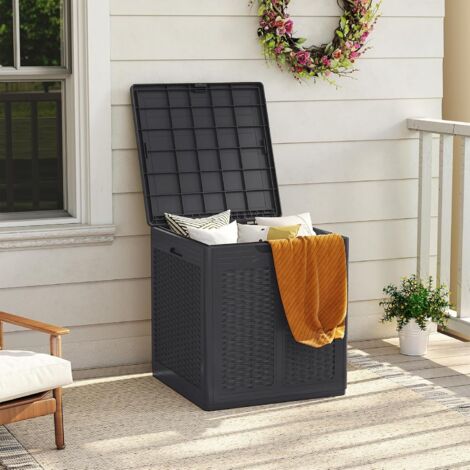 GOPLUS Coffre de Jardin Exterieur Etanche 145 L avec Couvercle Verrouillable, Design Rotin, Poignées Latérales, Boîte Banc de Rangement Jardin pour Outils, Coussins, (Marron,56x56x60,5 cm145L)