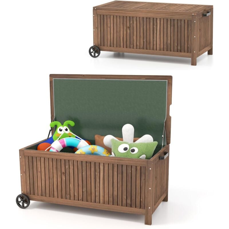 Goplus - Coffre de Jardin en Bois de Sapin-114x58,5x51CM-Boîte de Rangement avec Doublure pe Imperméable Amovible, 2 Roues, Poignée