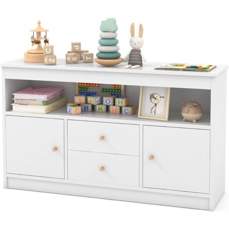Goplus – Coffre de rangement en bois pour enfants 106x30x62 cm – 2 tiroirs, 2 armoires fermées, compartiment ouvert – Design élégant pour chambre et bureau