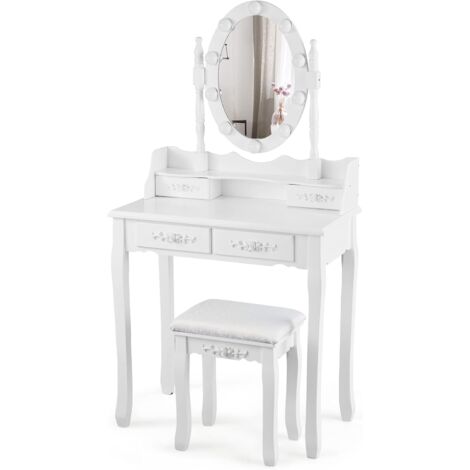 GOPLUS Coiffeuse avec Tabouret et Miroir Amovible, Lumière LED 3 Couleurs, Table de Maquillage 2 en 1 avec 4 Tiroirs et étagère de Rangement (Blanc)