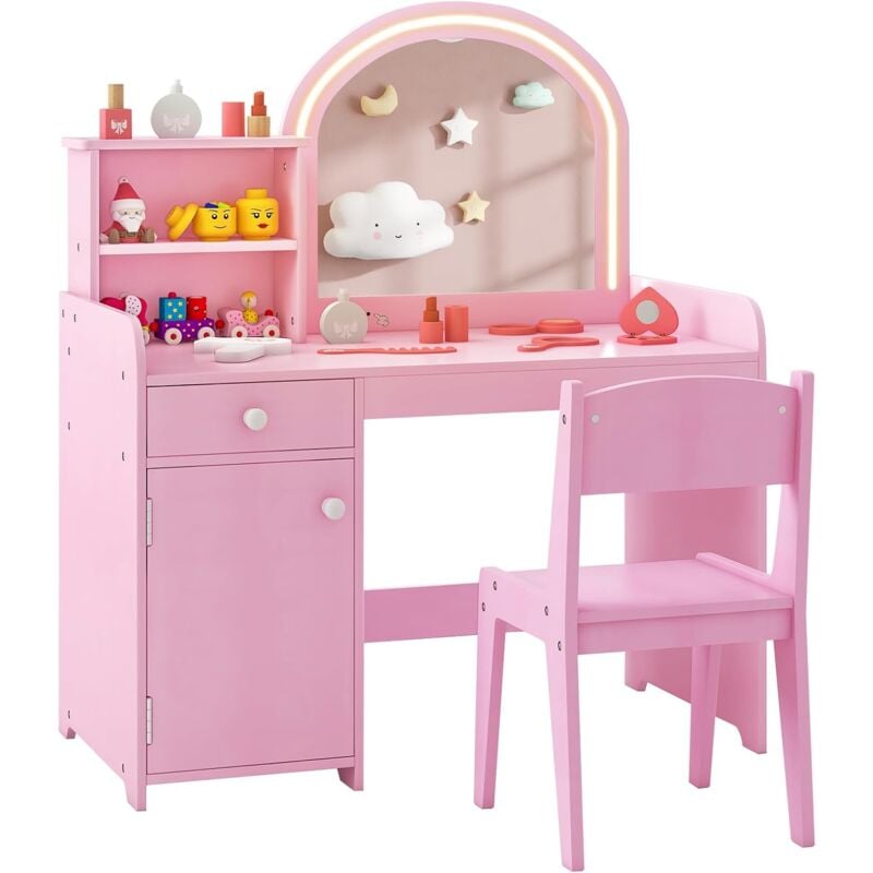 Goplus - Coiffeuse Enfant avec Lumière led Bicolores, Table de Maquillage Fille avec Mirroir Acrylique, Ensemble Coiffeuse et Tabouret avec Étagère,